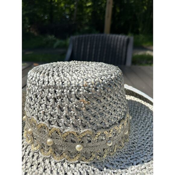 Vtg Eric Javits Light Gray Gold Trim And Pearls Classic Handwoven Fedora Hat - Picture 4 of 9